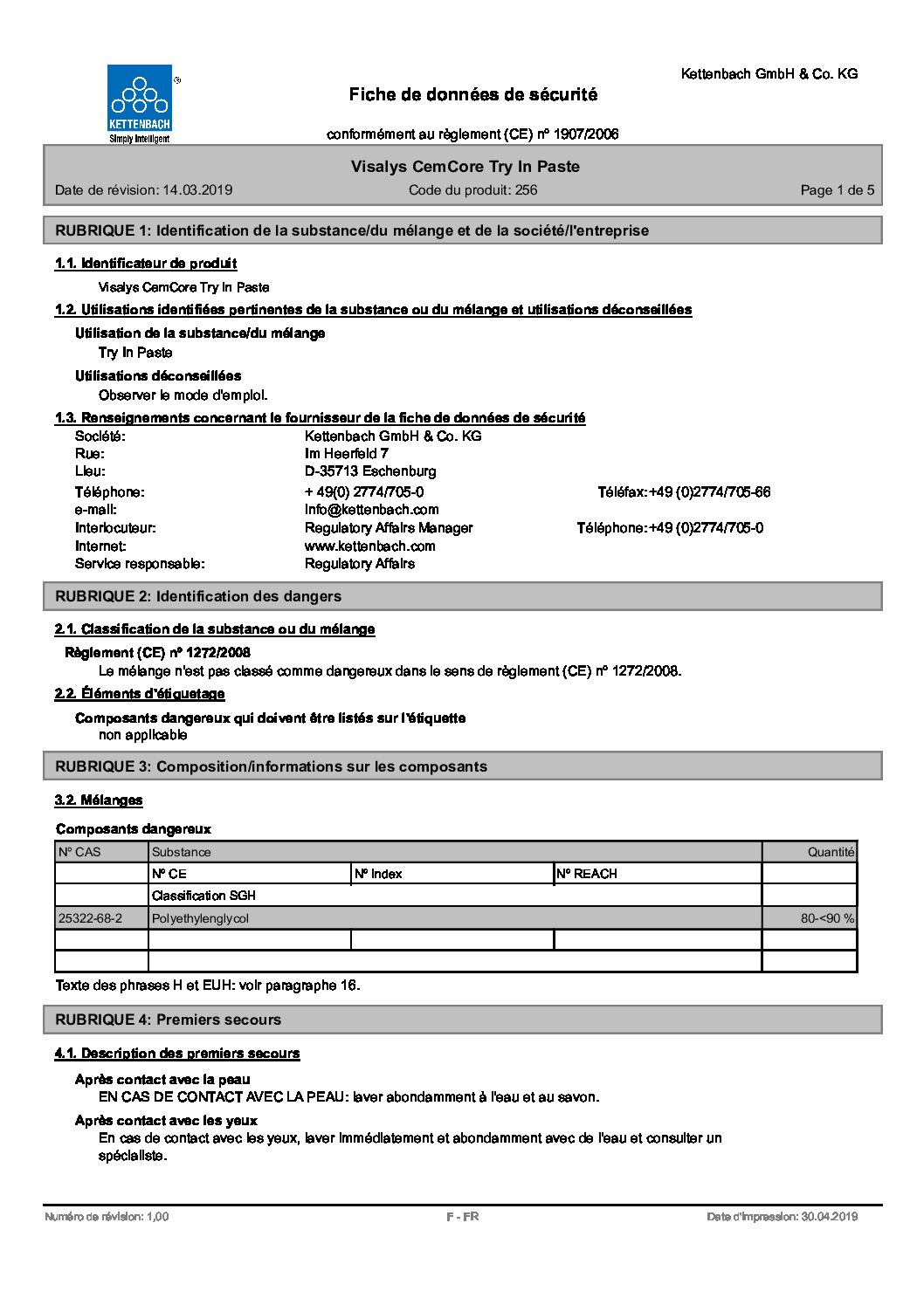 Visalys CemCore Try In Paste Fiche de données de sécurité